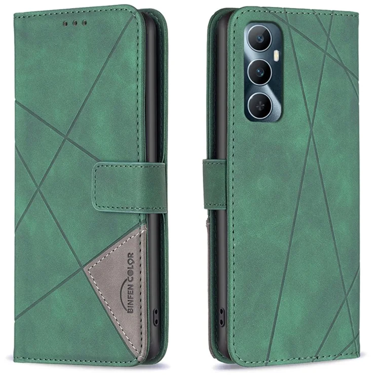 BINFEN COLOR For Realme C65 4G Phone Cases Wallet Stand Geometry Imprinted Leather Cover - Green