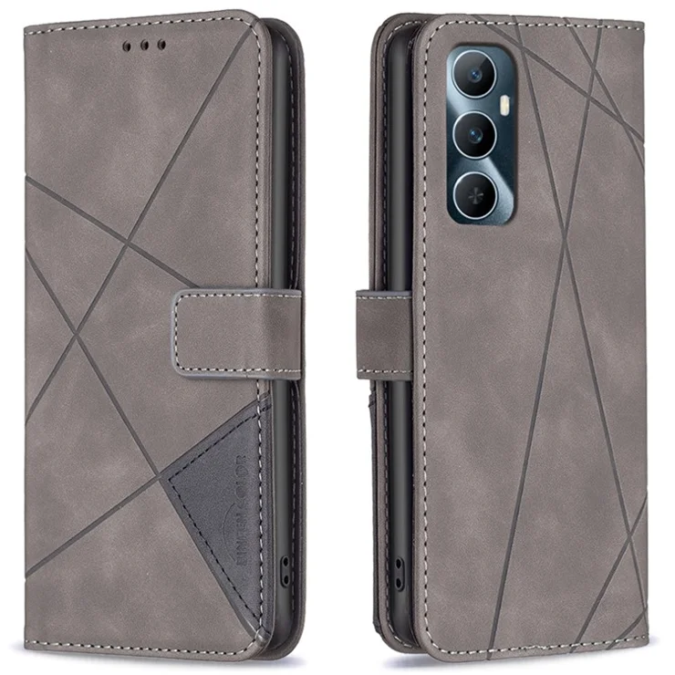 BINFEN COLOR For Realme C65 4G Phone Cases Wallet Stand Geometry Imprinted Leather Cover - Grey