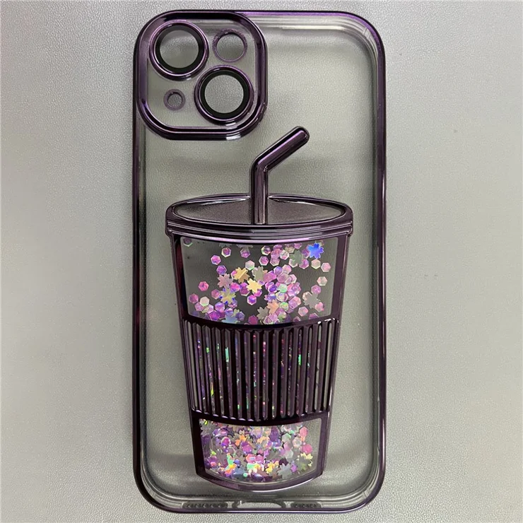 For iPhone 13 TPU Case Glitter Quicksand Phone Cover Built-In Glass Lens Film - Dark Purple