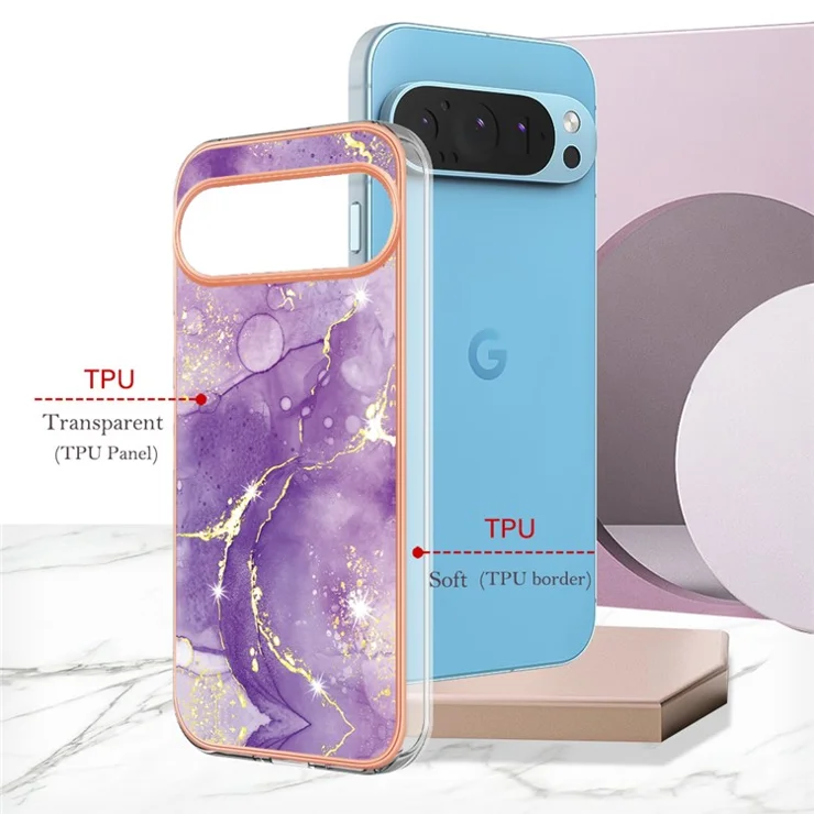 For Google Pixel 9 / Pixel 9 Pro TPU Case with IMD Marble Pattern Electroplated Back Cover - Purple 002