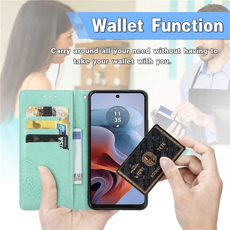 For Motorola Moto G45 5G / G34 5G Cell Phone Cover Emboss Mandala Flower PU Leather Wallet Case - Mint Green