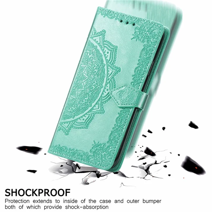 For OnePlus 12 5G Anti-Scratch Phone Cover Emboss Mandala Flower Leather Wallet Case - Mint Green