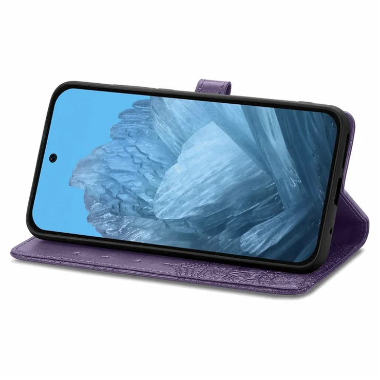 For Google Pixel 10 Pro XL / 9 Pro XL Leather Wallet Case Stand Flip Phone Cover Emboss Mandala Flower - Purple