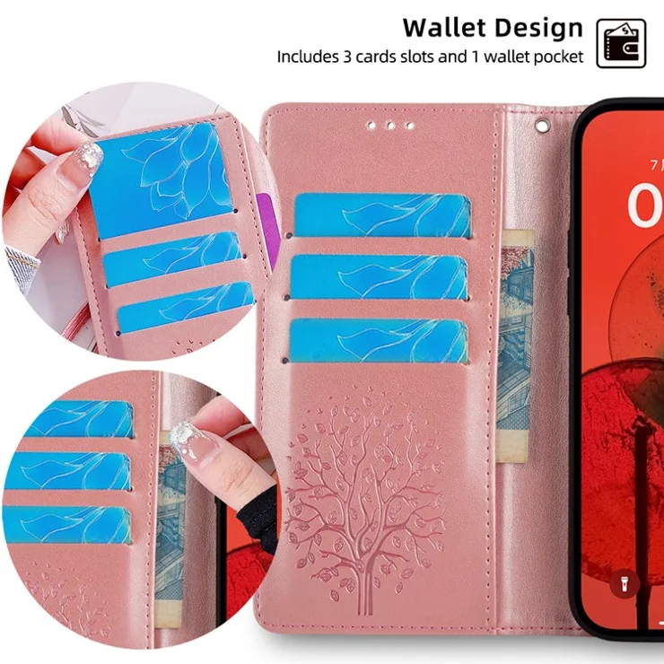 For Samsung Galaxy M15 5G Leather Case with 3 Card Slots Tree Pattern Phone Cover - Rose Gold