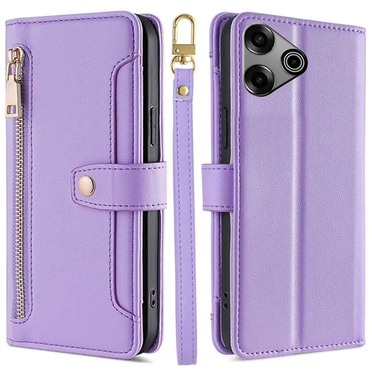 For TECNO Pova 6 Pro 5G Magnetic Phone Case Zipper Pocket Leather Cover with 2 Straps - Purple