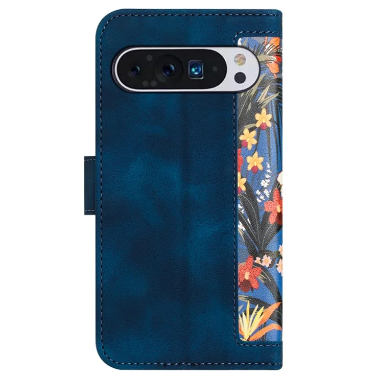 Phone Case for Google Pixel 9 Pro XL Flower Pattern PU Leather Stand Cover with Card Holder - Dark Blue