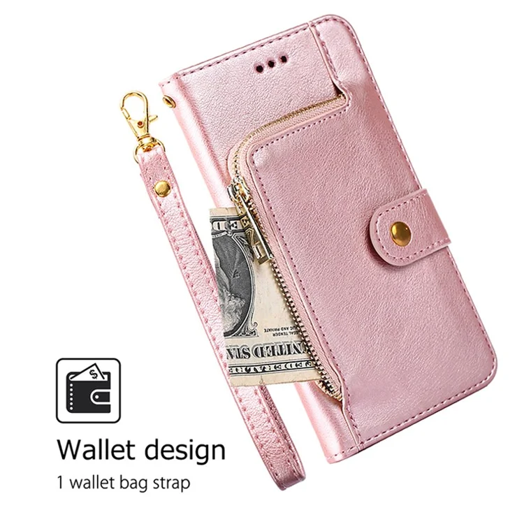 For Infinix Note 40 Pro 5G Case PU Leather Phone Zipper Purse Cover with Wrist Straps - Rose Gold