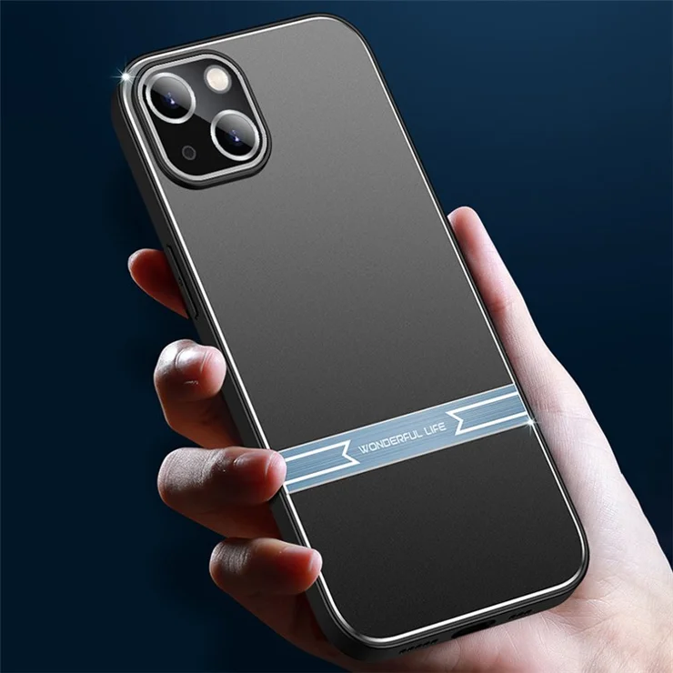 For iPhone 14 Matte Case Metal+PC+TPU Shockproof Mobile Phone Cover - Black+Blue
