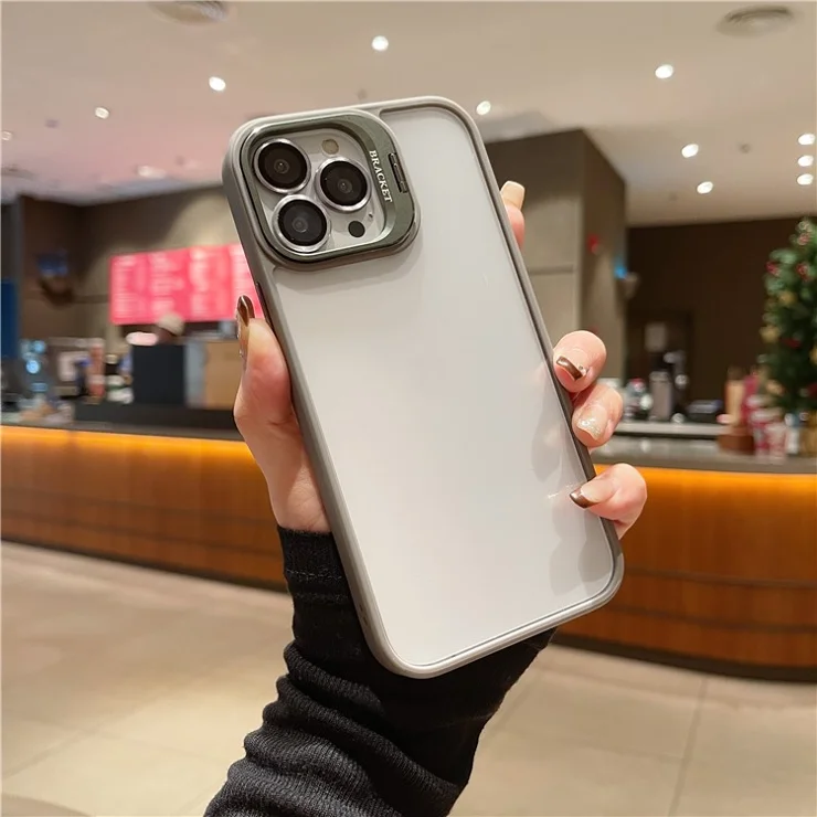 U1 For iPhone 12 Pro Wholesale Case TPU+Acrylic Phone Shell Built-In Glass Lens Film, Kickstand - Titanium Grey