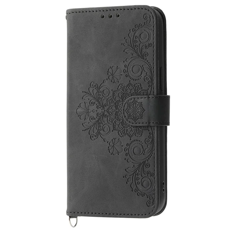 For Oppo A2 5G / A79 5G Case Flower Pattern PU Leather Wallet Phone Cover with Shoulder Strap - Black