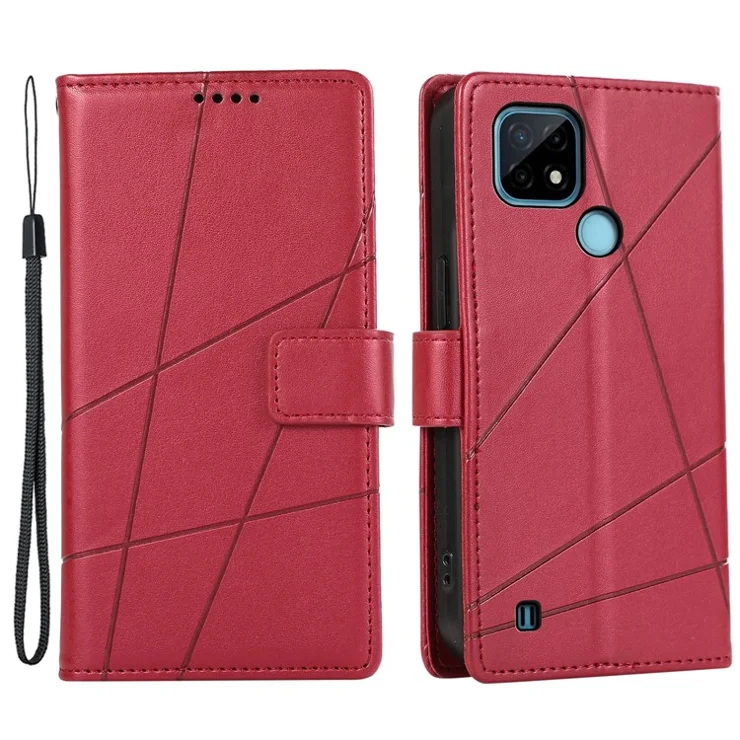 DF-06 For Realme C21 4G Wallet Case Cell Phone Accessory Wholesale Line Imprint Leather Phone Cover - Red