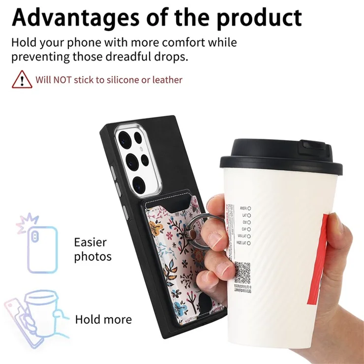 E4 for Samsung Galaxy S22 Ultra 5G Case with Card Holder Leather Coated TPU Kickstand Phone Cover - Black