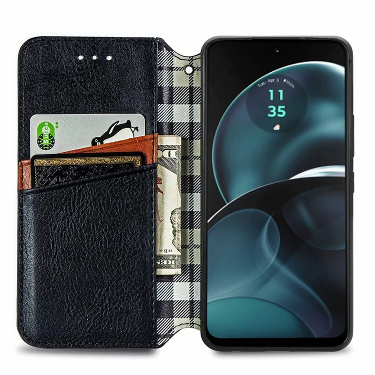 For Motorola Moto G14 4G PU Leather Case Rhombus Imprint Wallet Stand Phone Cover - Black