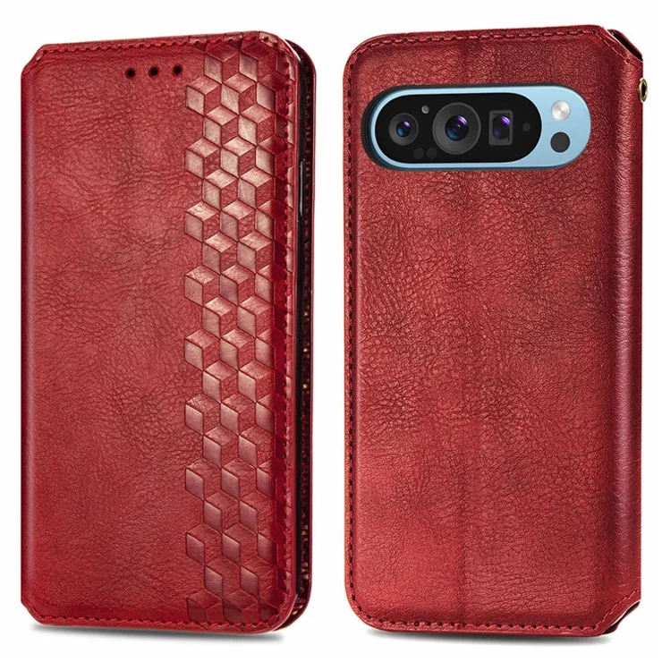 For Google Pixel 10 Pro XL / 9 Pro XL PU Leather Case Rhombus Imprint Wallet Stand Phone Cover - Red