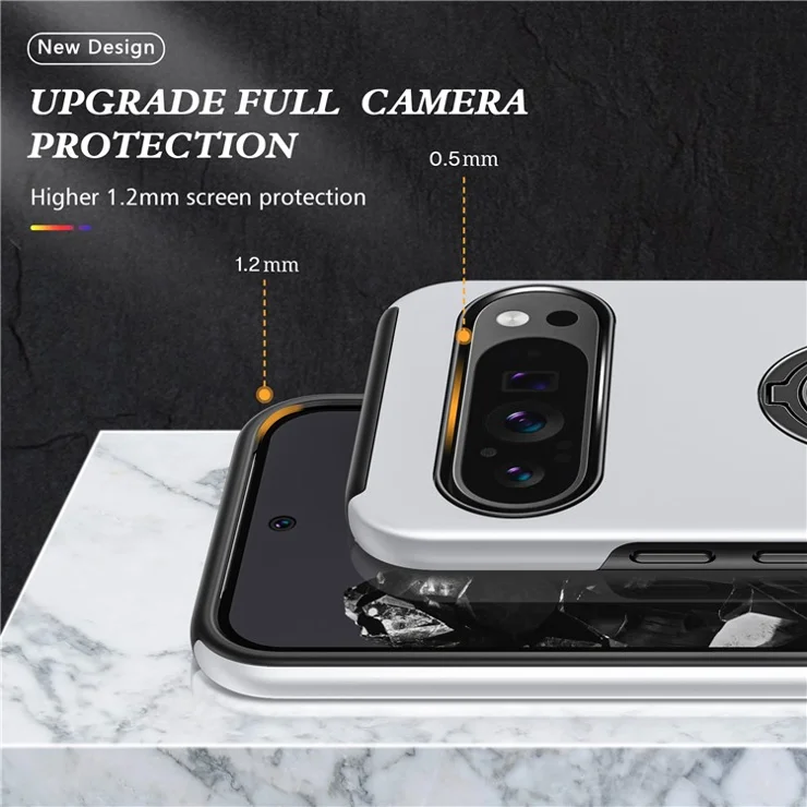 For Google Pixel 9 Pro XL Back Case Kickstand PC+TPU Shock-Absorbent Phone Cover - Silver