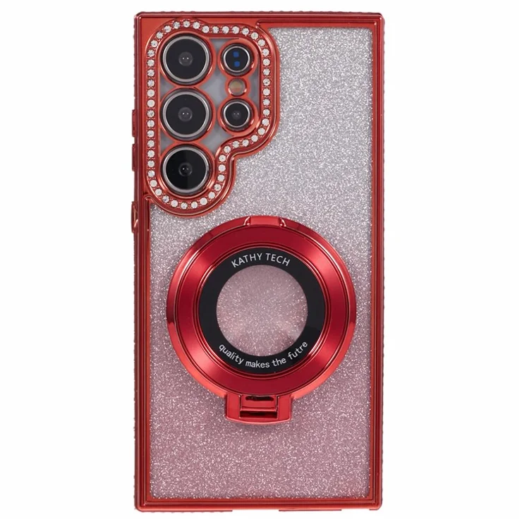 For Samsung Galaxy S23 Ultra TPU Case Rhinestone Gradient Phone Cover with Ring Kickstand - Red