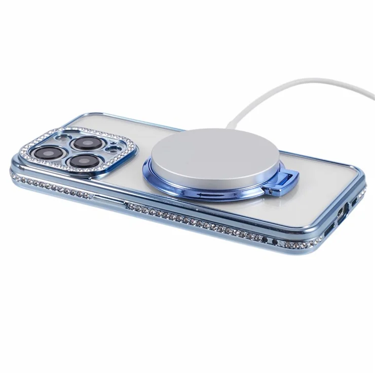 For iPhone 15 Pro Max Case Rhinestones Lens Frame TPU Phone Cover with Ring Kickstand - Blue