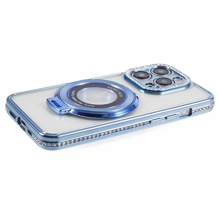 For iPhone 12 Pro Max TPU Case Rhinestones Lens Frame Ring Kickstand Phone Cover - Blue