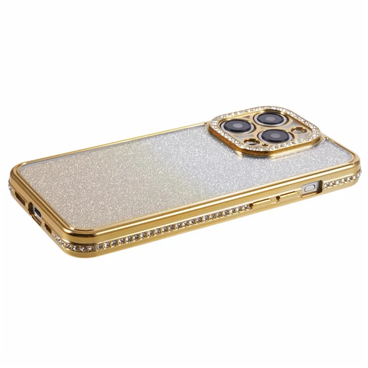 For iPhone 13 Pro Max 6.7 inch TPU Case Rhinestones Decorated Gradient Back Phone Cover - Gold