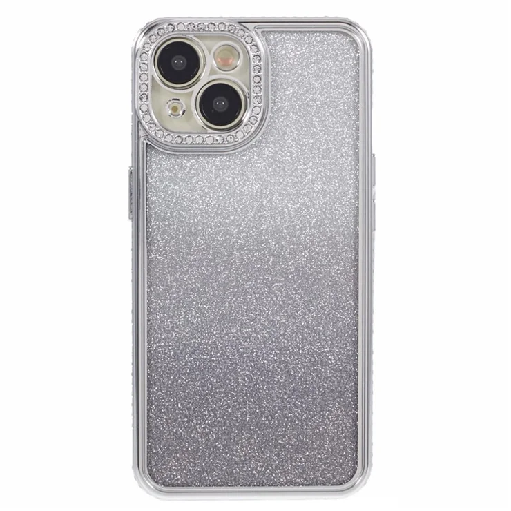 For iPhone 14 Case Camera Protection Glitter Rhinestone Decor Gradient TPU Phone Cover - Silver