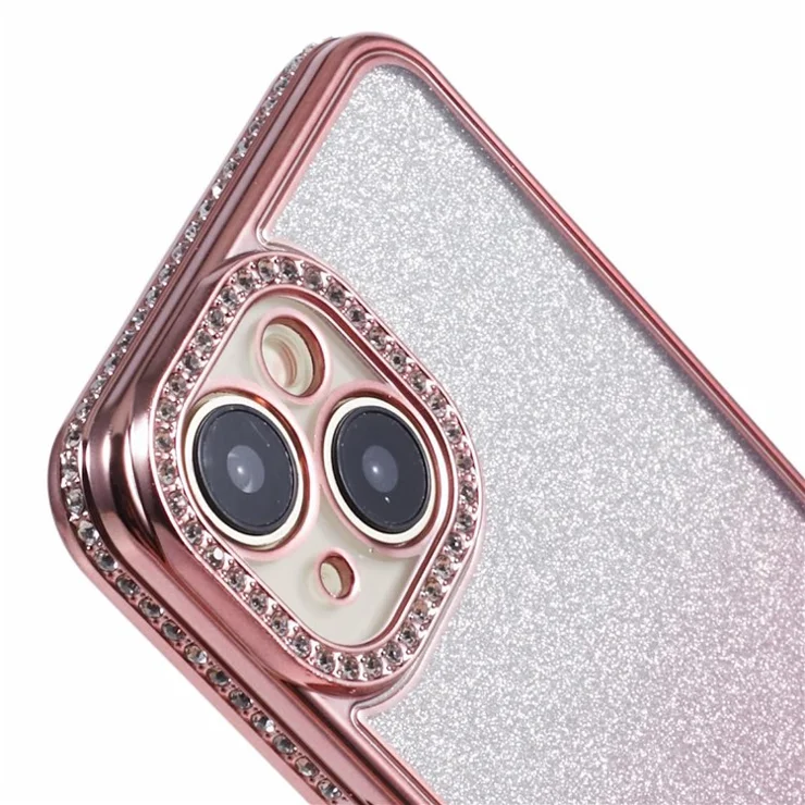 For iPhone 14 Case Camera Protection Glitter Rhinestone Decor Gradient TPU Phone Cover - Rose Gold