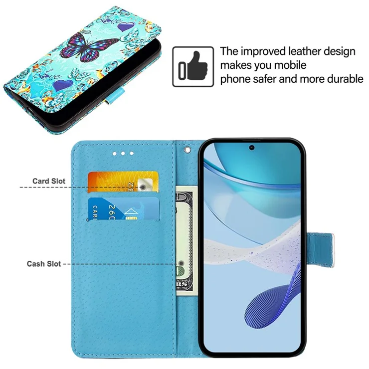 For Nothing Phone (2a) Plus / Phone (2a) Leather Case with Strap and Card Holder Pattern Printing Phone Stand Cover - Butterfly and Heart