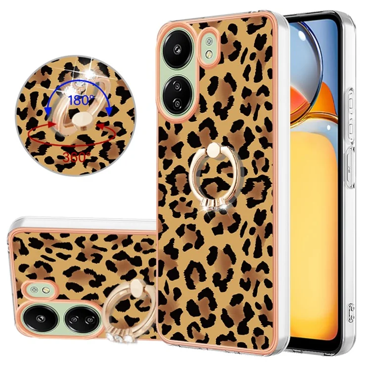YB IMD Series-20 for Xiaomi Redmi 13C 4G / 13C 5G / 13R 5G / Poco M6 5G / Poco C65 4G TPU Back Case Ring Kickstand 2.0mm Cover - Leopard Print
