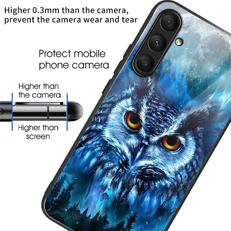 For Samsung Galaxy A24 4G (162.1 x 77.6 x 8.3mm) Case Tempered Glass Pattern Camera Lens Protection Phone Cover - Forest Owl