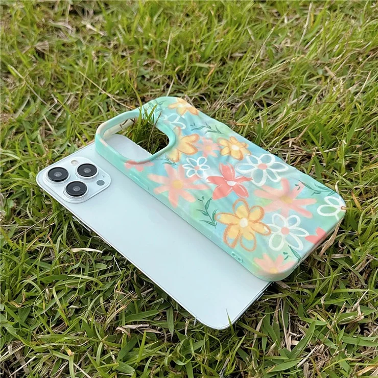 For iPhone 15 Pro Max Cover Water Transfer Printing Pleat Design Luminous TPU Phone Case - Green+Flower