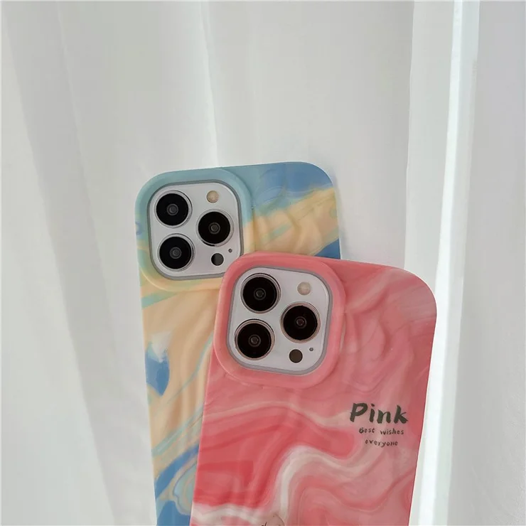 For iPhone 15 Pro Cover Pleat Design Water Transfer Printing Luminous TPU Cell Phone Case - Blue+Yellow