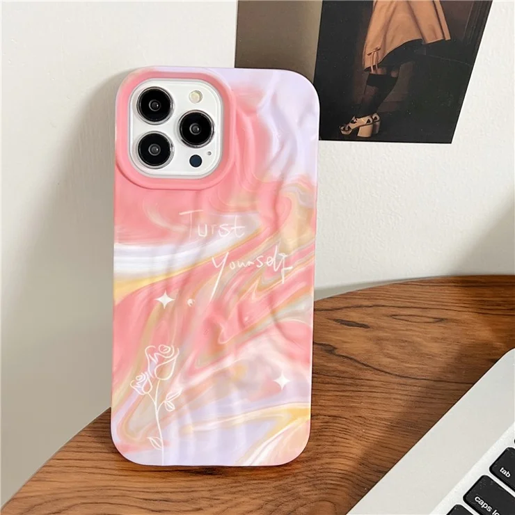 For iPhone 15 Pro Cover Pleat Design Water Transfer Printing Luminous TPU Phone Protective Cover - Pink