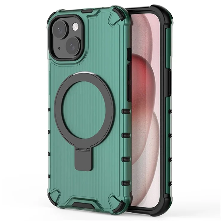 For iPhone 14 Plus Case Stripe Design PC+TPU Phone Cover with Magnetic Ring Holder - Green