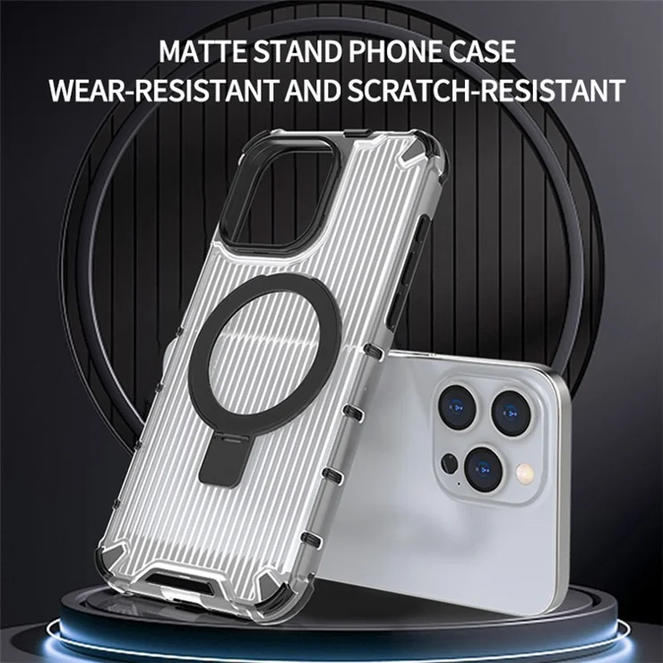 For iPhone 14 Pro PC+TPU Case Stripe Design Kickstand Magnetic Phone Cover - Purple