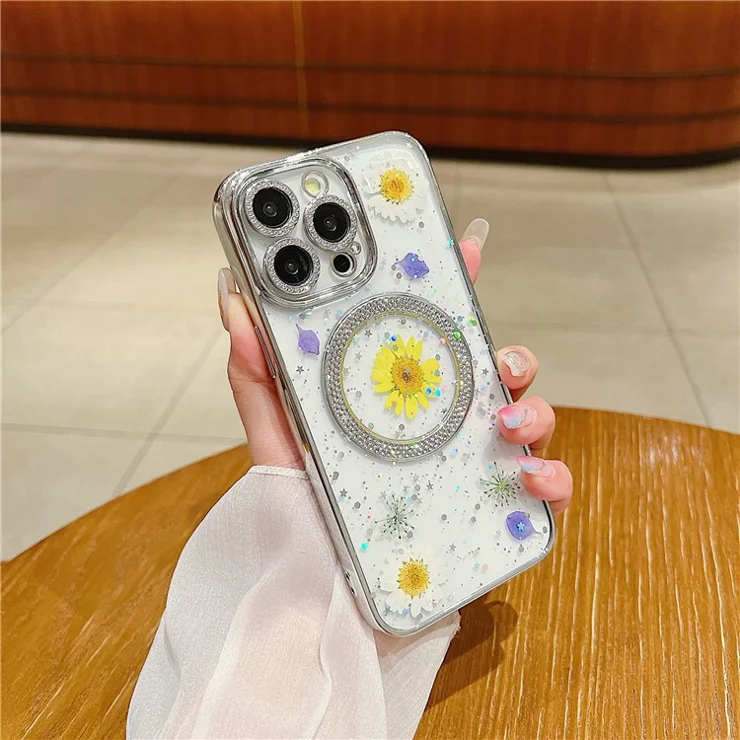 PC+TPU Case for iPhone 13 Pro Rhinestone Decor Dried Real Flower Epoxy Magnetic Phone Cover - Daisy