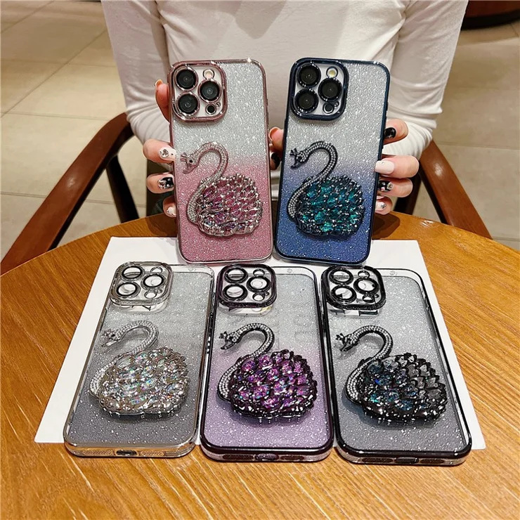 For iPhone 13 Pro Max 6.7 inch Case Quicksand Swan Glitter Phone Cover with Glass Lens Film - Black