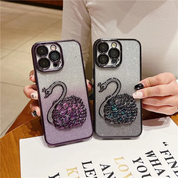 For iPhone 15 Pro TPU Case Stylish Quicksand Swan Built-in Glass Lens Film Phone Cover - Pink