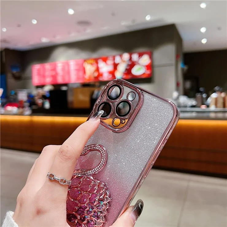For iPhone 15 Pro TPU Case Stylish Quicksand Swan Built-in Glass Lens Film Phone Cover - Pink