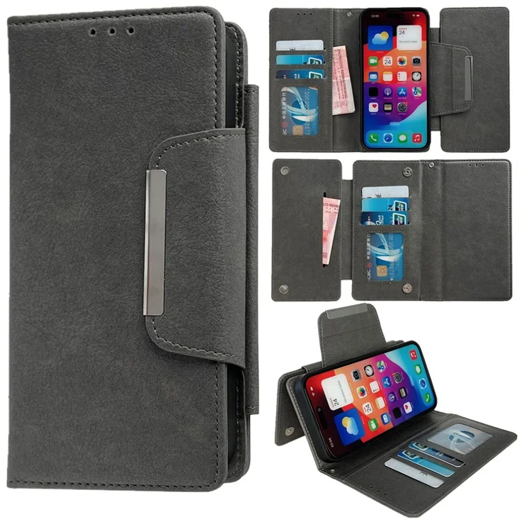 For iPhone 15 Pro Case PU Leather Detachable Folio Wallet Phone Cover - Grey