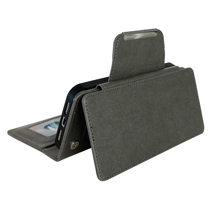 For iPhone 15 Pro Case PU Leather Detachable Folio Wallet Phone Cover - Grey