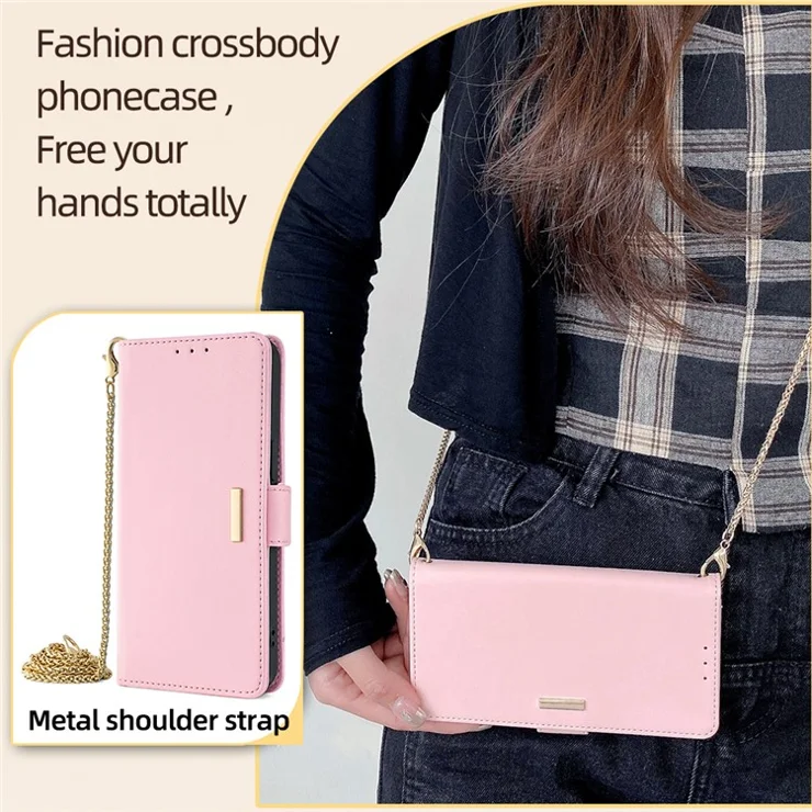 For Motorola Moto G45 5G / G34 5G Leather Flip Case Wallet Phone Cover with Shoulder Strap - Pink