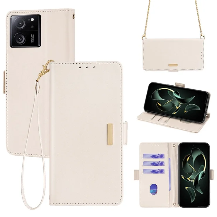 For Xiaomi Redmi K60 Ultra / 13T / 13T Pro Case Wallet Stand Flip Phone Cover with Shoulder Strap - White