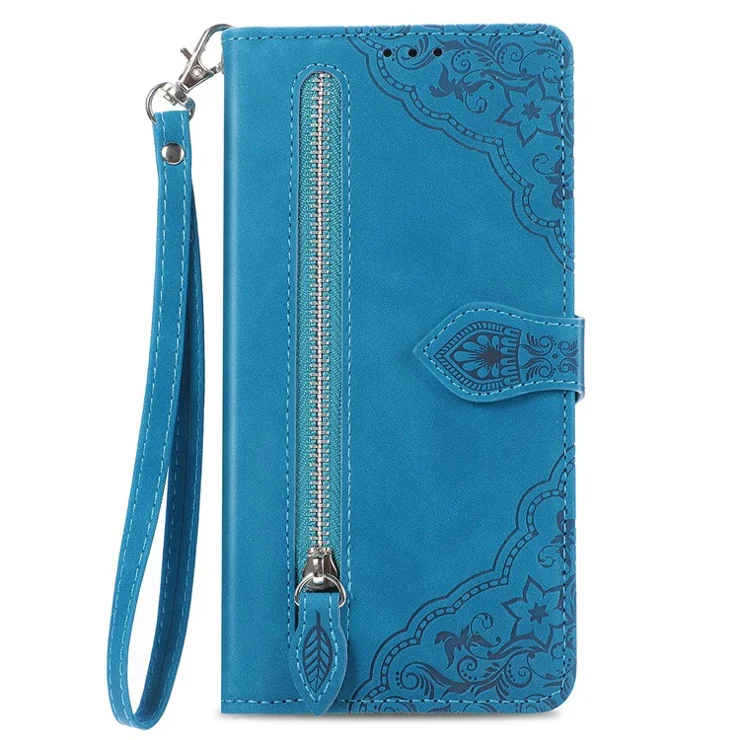 For Nothing Phone (2a) Plus / Phone (2a) Zipper Wallet Case with Strap Flower Imprint PU Leather Phone Cover - Blue