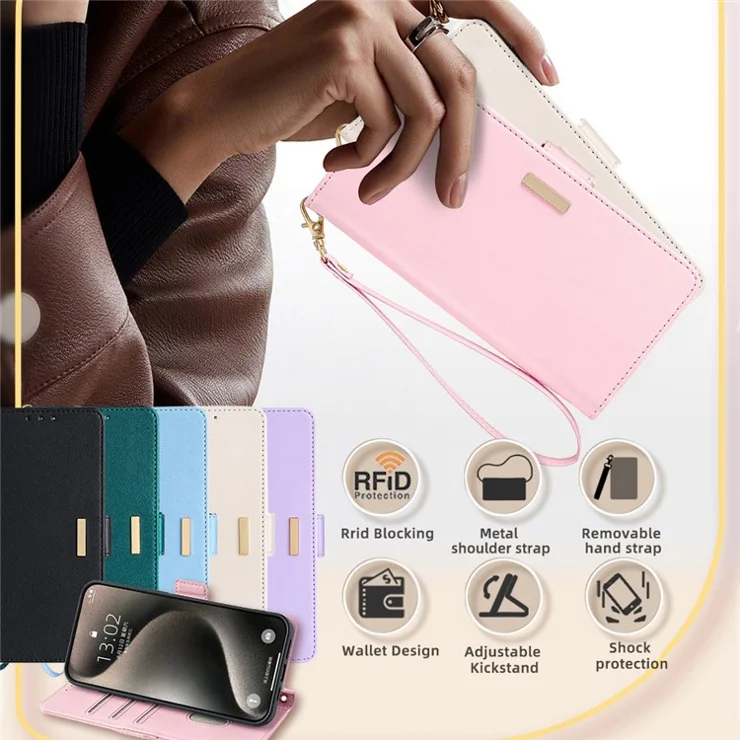 For Asus Zenfone 8 Flip ZS672KS Case RFID Blocking Wallet Phone Leather Cover with 2 Straps - Pink