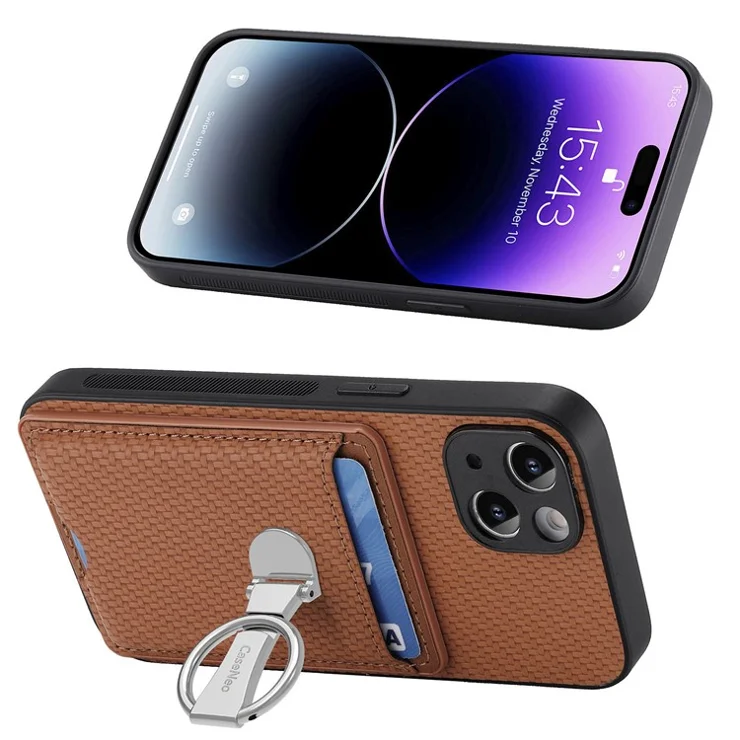 C1-9 For iPhone 13 6.1 inch Case Drop-proof Carbon Fiber Texture Kickstand Phone Cover - Brown