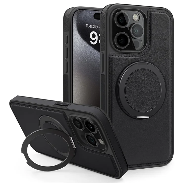 For iPhone 14 Pro Max Cover Rotation Magnetic Ring Kickstand Leather+PC+TPU Anti-drop Phone Case - Black
