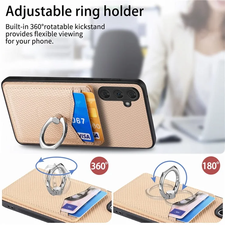 C1-8 for Samsung Galaxy A15 4G / 5G Cover PU Leather+TPU+PC Kickstand Shell Carbon Fiber Texture Design - Apricot