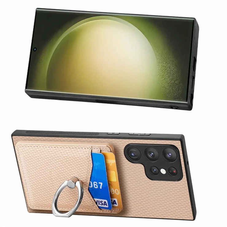 For Samsung Galaxy S23 Ultra Case Card Slots Carbon Fiber Texture Leather Coated Phone Cover - Apricot
