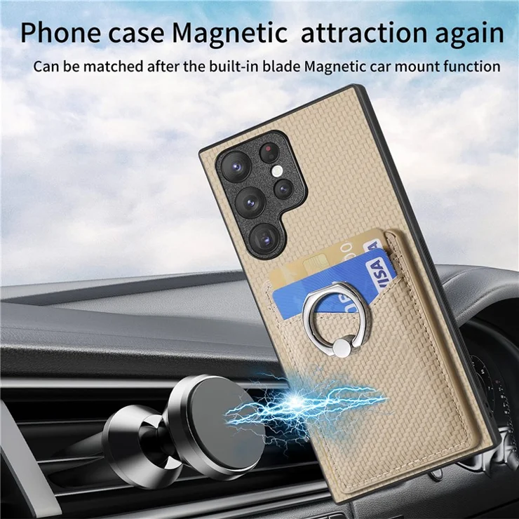 For Samsung Galaxy S23 Ultra Case Card Slots Carbon Fiber Texture Leather Coated Phone Cover - Apricot