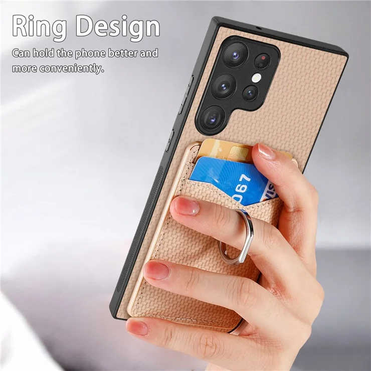 For Samsung Galaxy S23 Ultra Case Card Slots Carbon Fiber Texture Leather Coated Phone Cover - Apricot