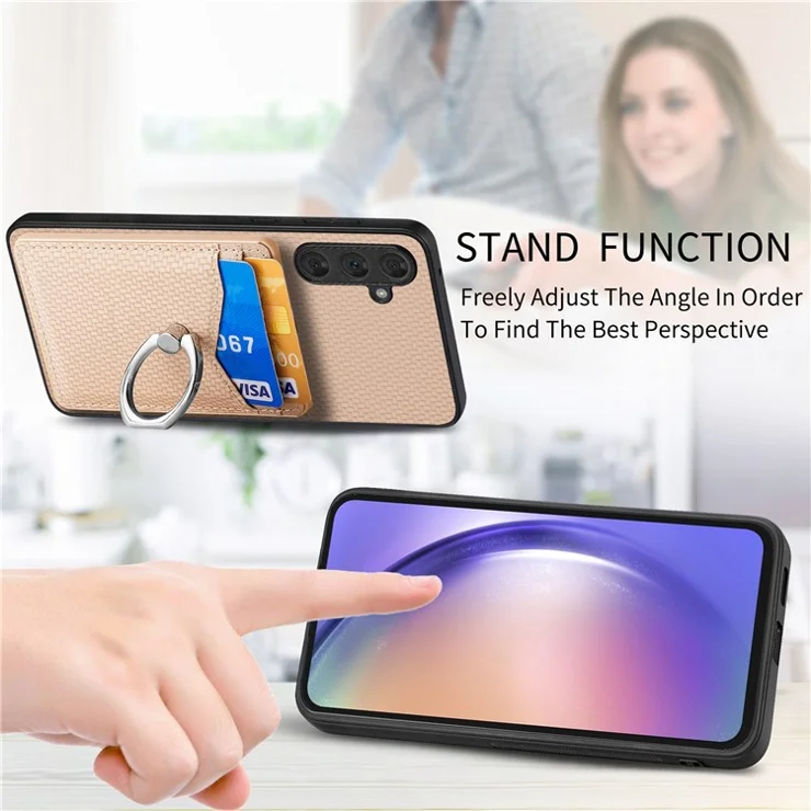 For Samsung Galaxy A55 5G Case PU Leather+PC+TPU Phone Cover with Ring Holder Kickstand - Apricot
